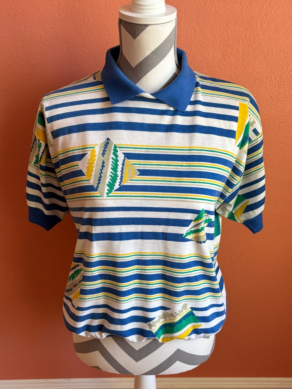 Vintage Gina Peters Striped Blue & White Polo Top with Geometric Accents